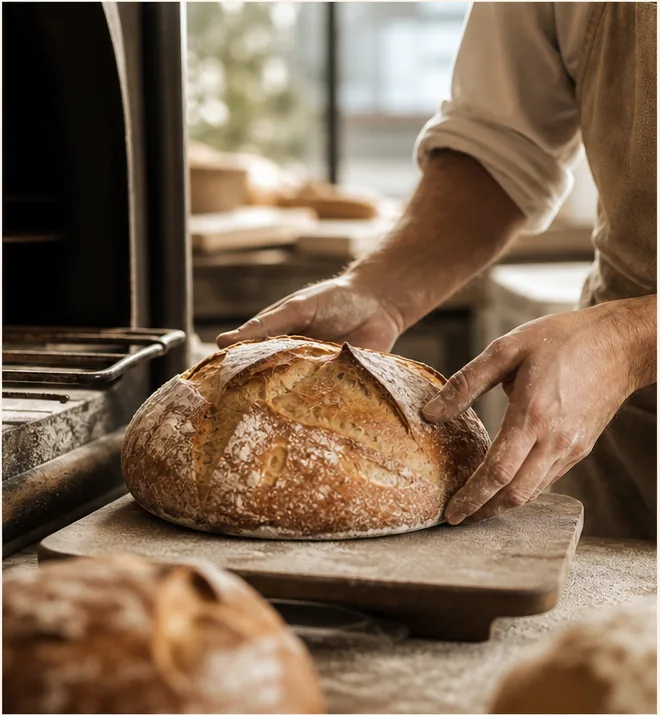 Bakker haalt een vers desembrood op een houten plank uit de oven.